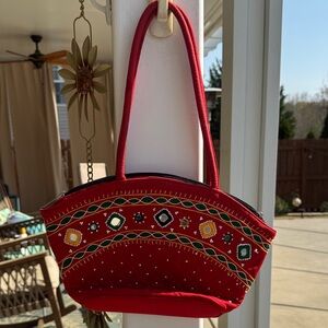 Red Embroidered Shoulder Bag for Women